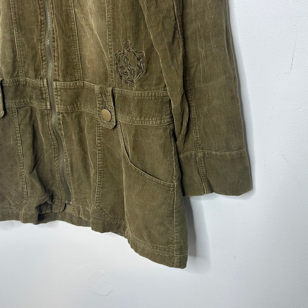 AZIZ Women Olive Green Corduroy Zip Front Jacket‎ Size Medium Embroidered Detail - Picture 2 of 11